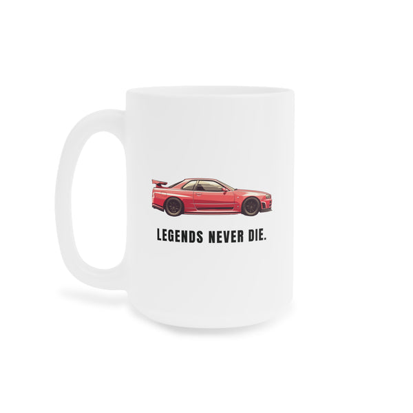 Nissan Skyline R34 GTR "Legends Never Die" Ceramic Mug | JDM Coffee Cup | 11oz, 15oz, 20oz